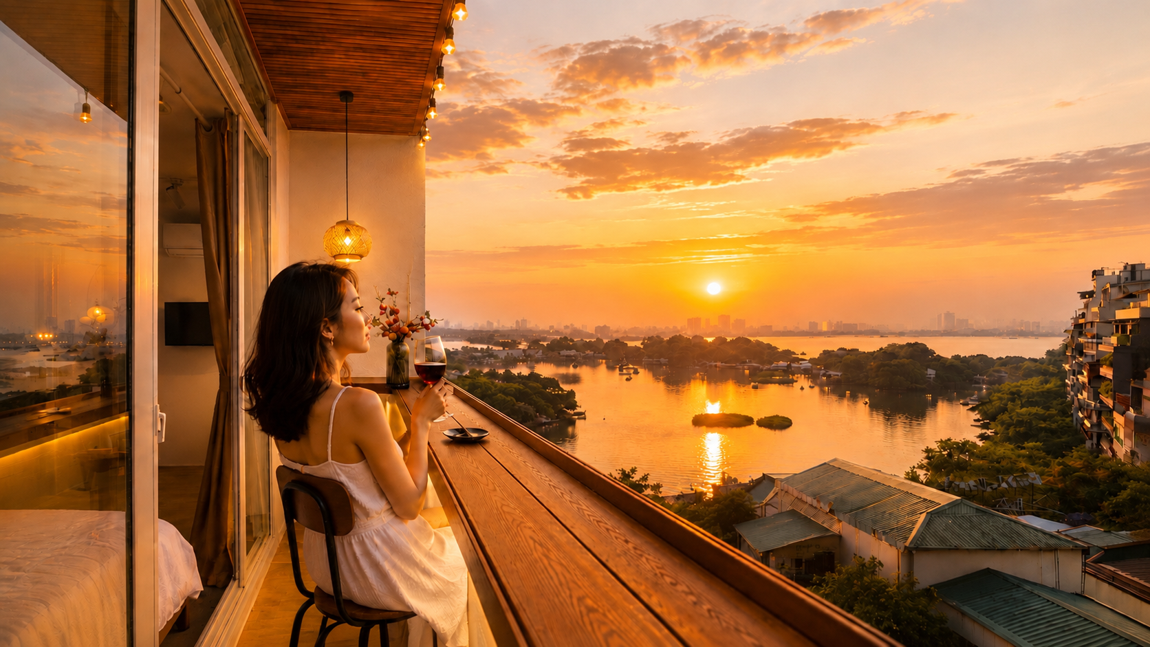 Ban công nhìn ra Hồ Tây lúc hoàng hôn